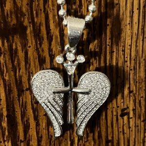 Cubic zirconia angels wings with cross & crown pendant